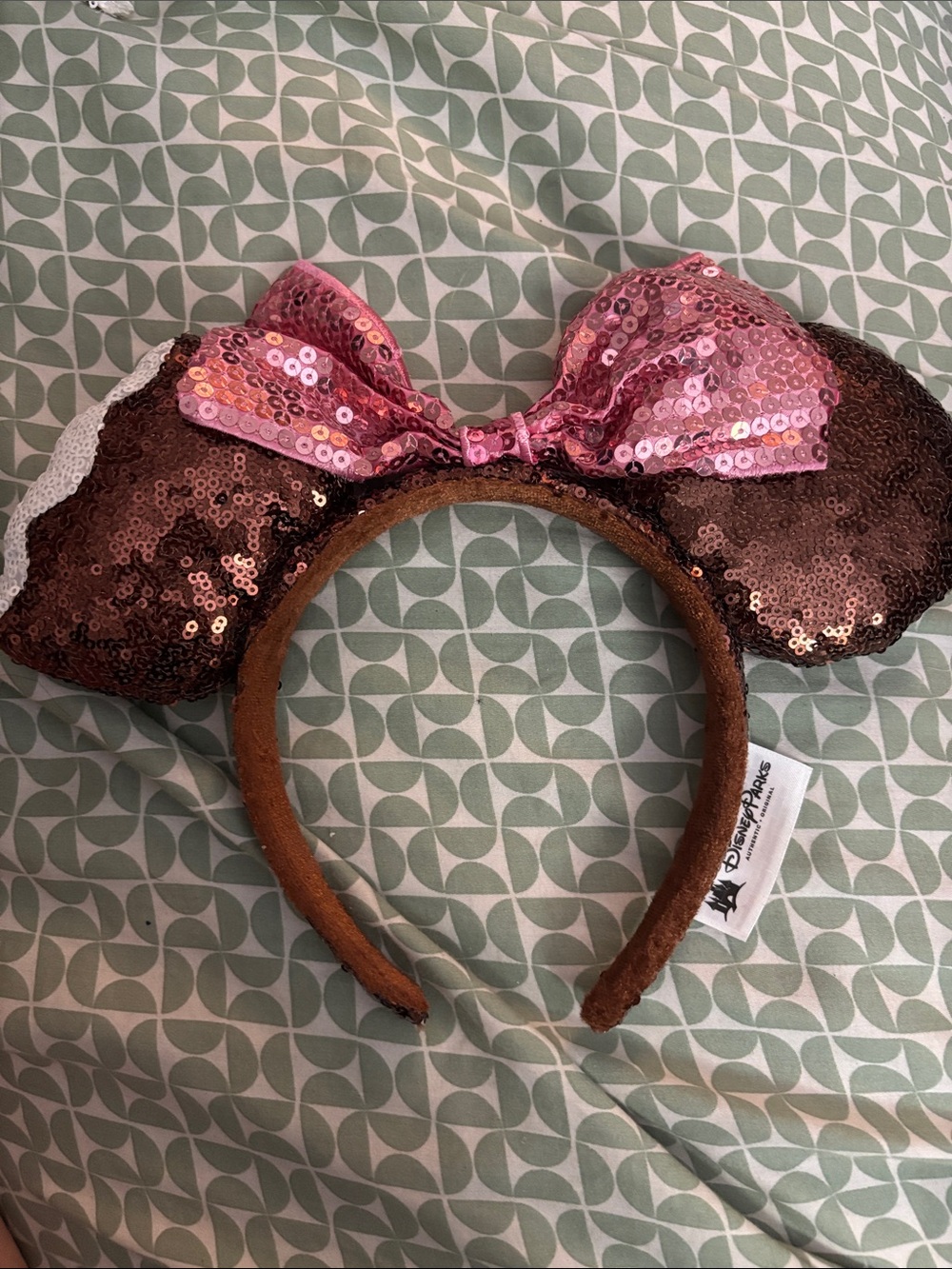 Disney Brown Sequin Minnie Ears ice cream Headband with Pink Bow